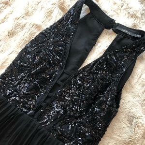 Black Sequin Accented Plunge Dress